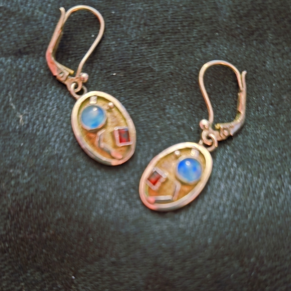 Genuine Opal and Garnet Earrings in Sterling Silver